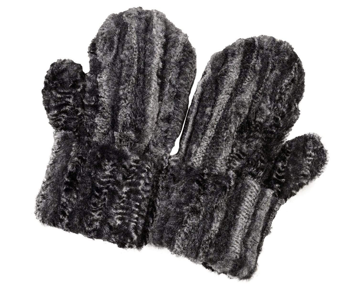 Full View of Men’s Product shot of Mittens. Gauntlets,  Mitts | Rattle ‘N’ Shake animal print in black, cream and gray Faux Fur | Handmade by Pandemonium Millinery Seattle, WA USA