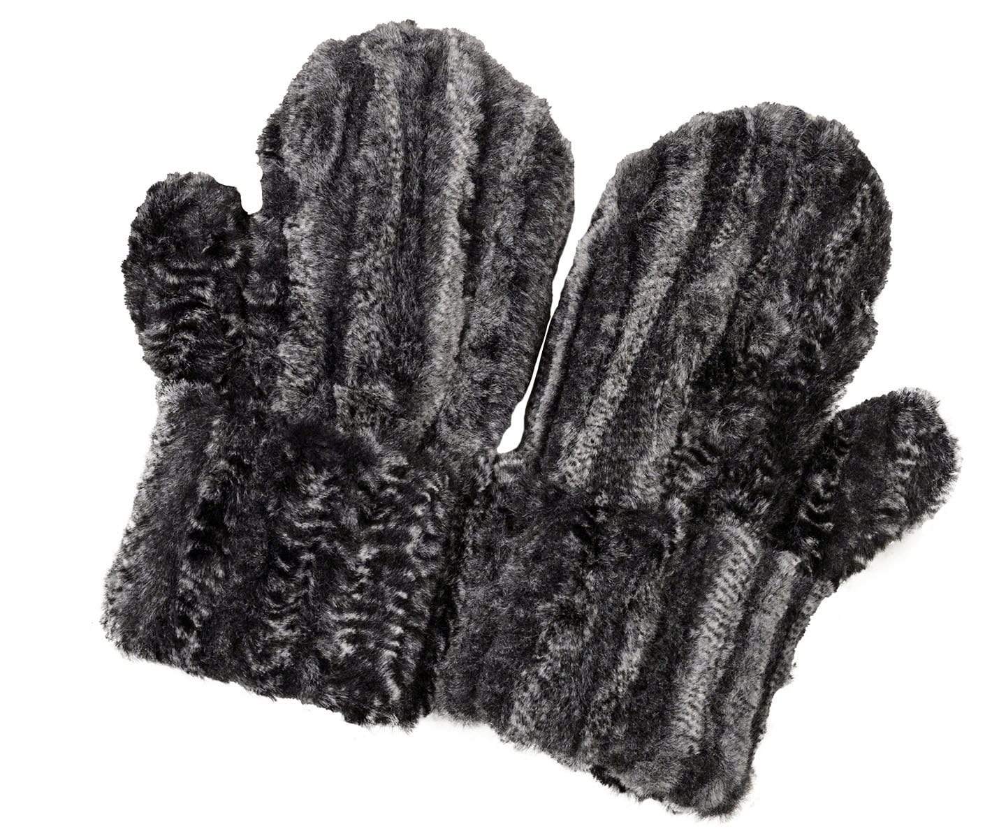 Men’s Product shot of Mittens. Gauntlets,  Mitts | Rattle ‘N’ Shake animal print in black, cream and gray Faux Fur | Handmade by Pandemonium Millinery Seattle, WA USA