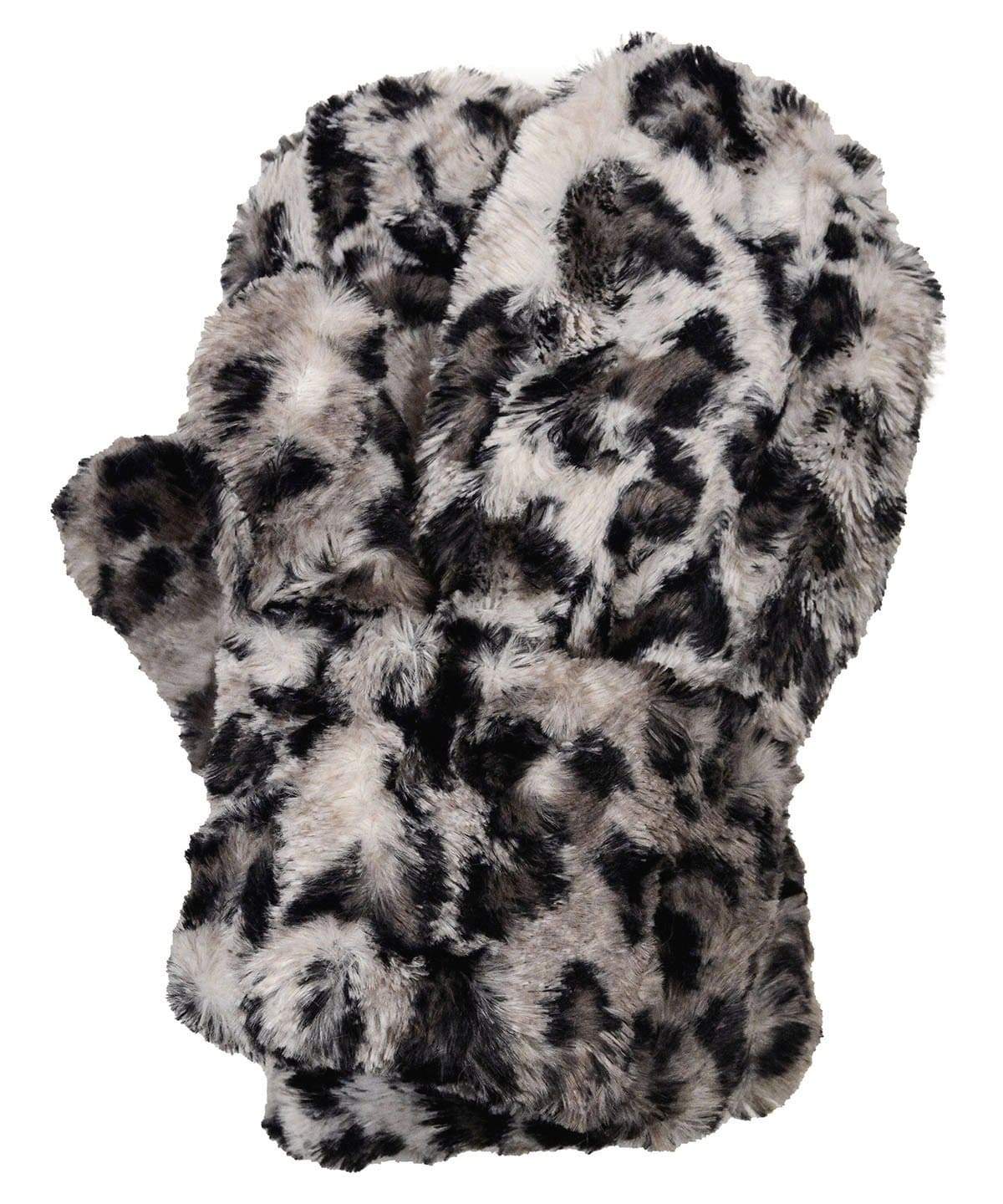 Men’s Product shot of Mittens. Gauntlets Mitts, | Savannah Cat animal print in black, cream and gray Faux Fur | Handmade by Pandemonium Millinery Seattle, WA USA