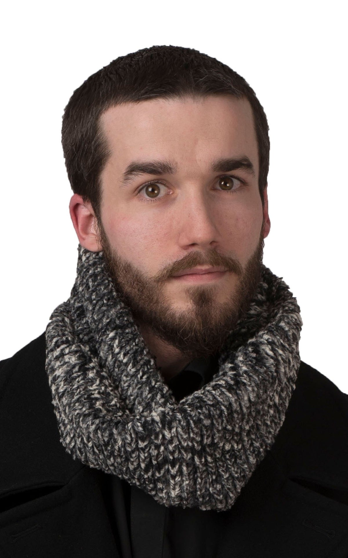 Model wearing Men's Neck Warmer | Black and White Faux Fur | Handmade in the USA by Pandemonium Seattle