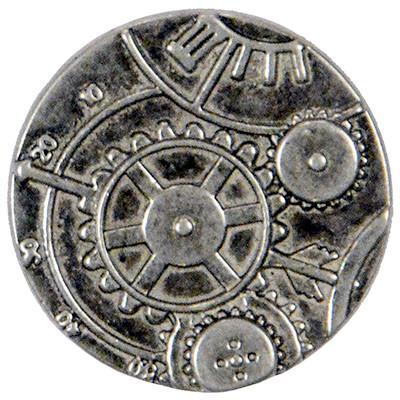 Metal Button | Steampunk Clockwork Embossing Silver  1 3/16" | Pandemonium Millinery | Seattle WA