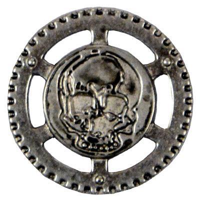 Round Metal Button | Gear Shaped with Skull embossed in Center| Pandemonium Millinery | Seattle WA