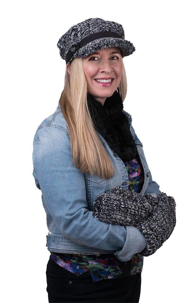 Model wearing Valerie Cap, hat and Mittens. Gauntlets, Mitts | Cozy Cable, Ivory and black Faux Fur | Handmade by Pandemonium Millinery Seattle, WA USA