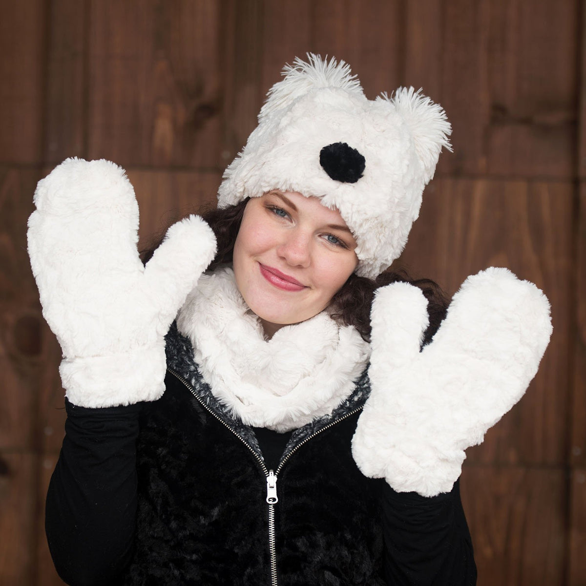 Mittens with Bear Beanie | Cuddly Ivory Faux Fur | Handmade USA by Pandemonium Seattle