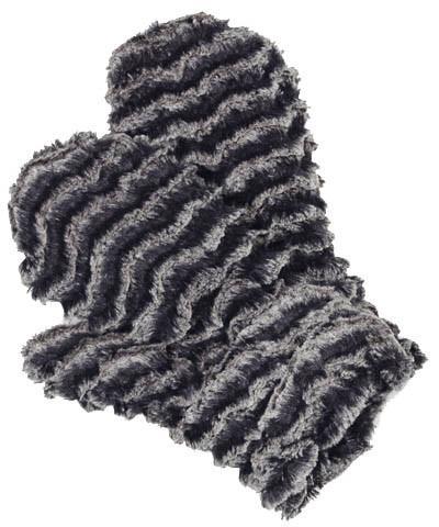 Women’s Product shot of Mittens. Gauntlets, Mitts Desert sand in Charcoal, gray Faux Fur | Handmade by Pandemonium Millinery Seattle, WA USA