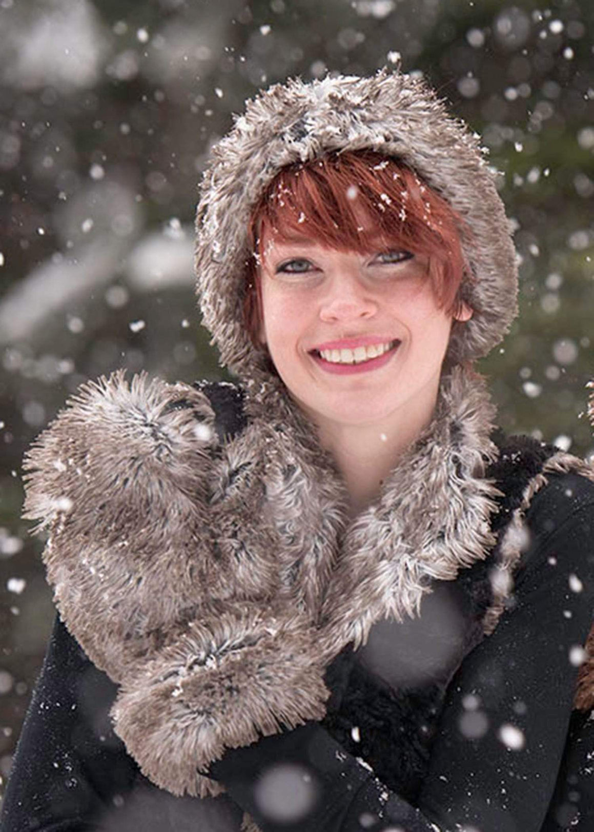 Model in snow in matching headband and Mittens. Gauntlets, Mitts | Arctic Fox tan Faux Fur | handmade by Pandemonium Millinery Seattle, WA USA