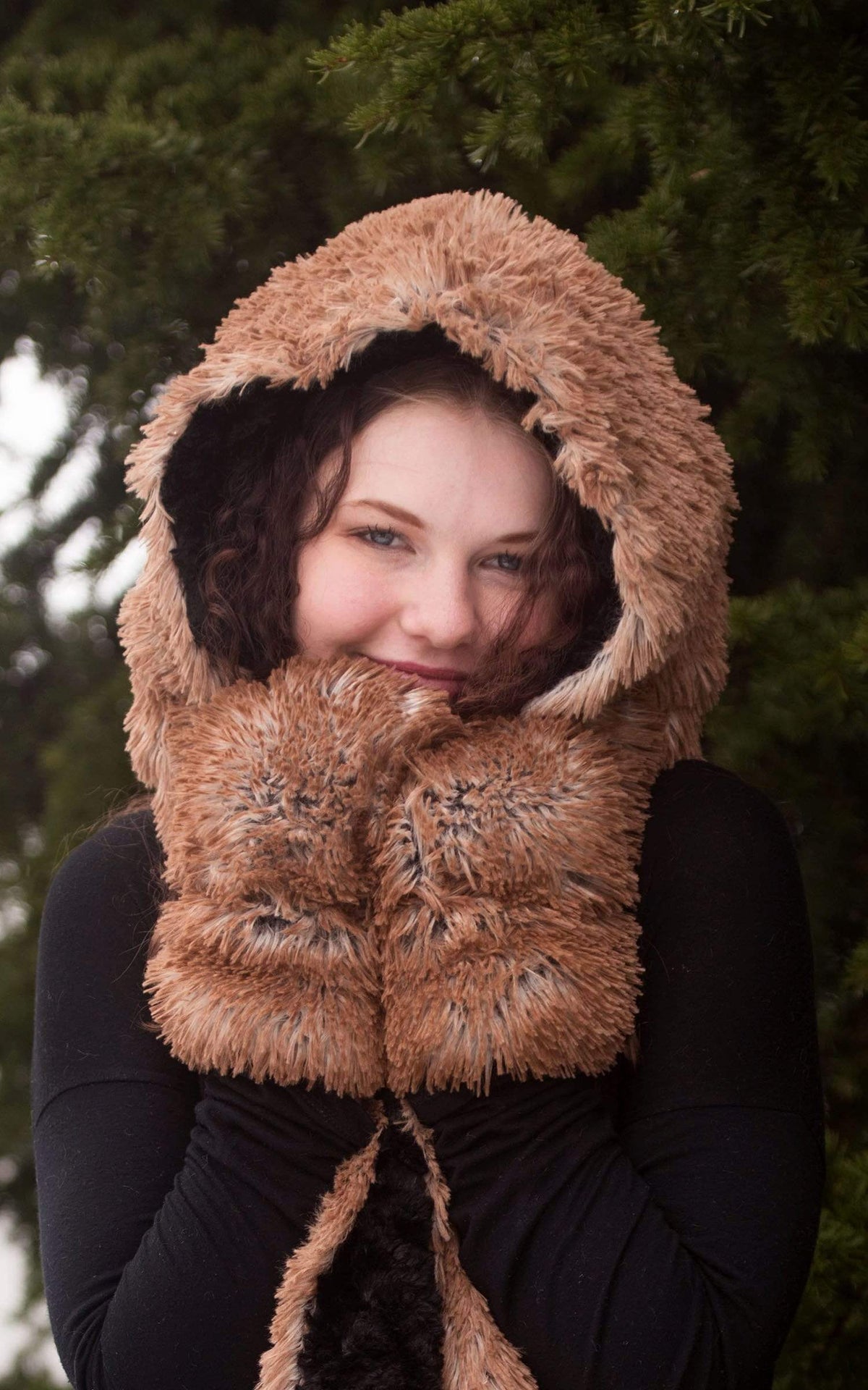 Model in forest wearing matching Hooded Scarf and Mittens. Gauntlets, Mitts | Red Fox Faux Fur | handmade by Pandemonium Millinery Seattle, WA USA