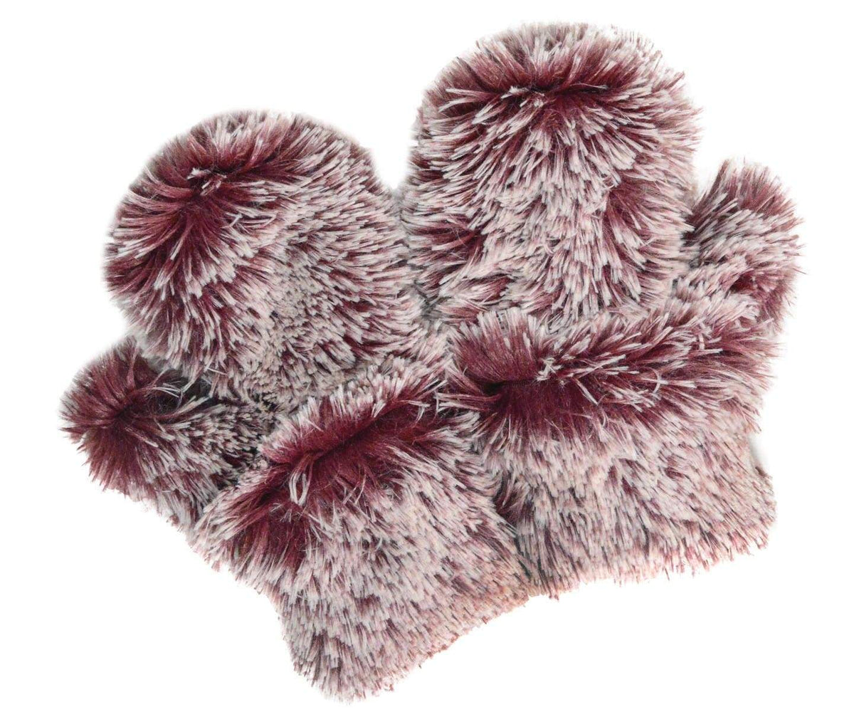 Women’s Product shot of Mittens. Gauntlets, Mitts | Berry Foxy, burgundy with white tips long hair Faux Fur | Handmade by Pandemonium Millinery Seattle, WA USA