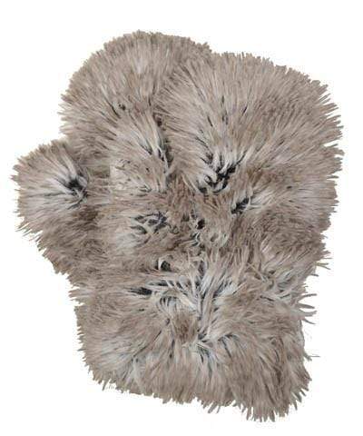 Women’s Product shot of Mittens. Gauntlets, Mitts | Arctic Fox, tan, white and black long hair Faux Fur | Handmade by Pandemonium Millinery Seattle, WA USA