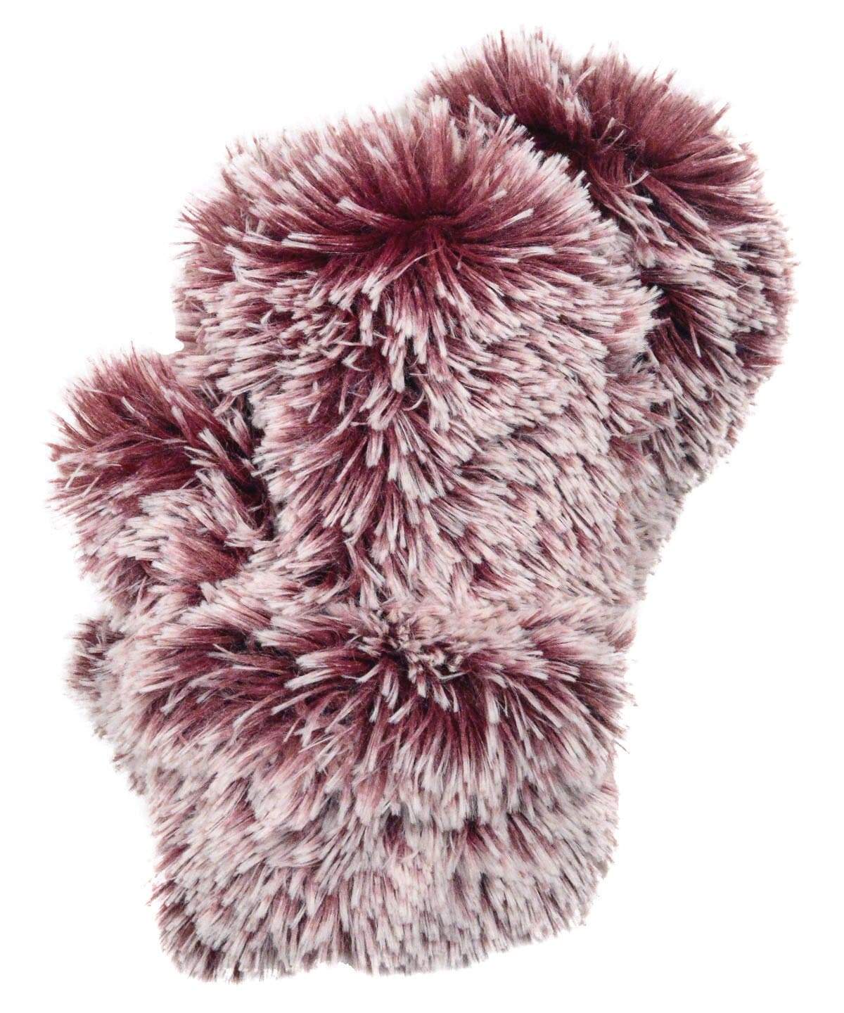 Women’s Product shot of Mittens. Gauntlets, Mitts | Berry Foxy, burgundy with white tips long hair Faux Fur | Handmade by Pandemonium Millinery Seattle, WA USA
