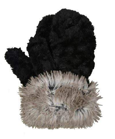 Women’s Product shot of Mittens. Gauntlets,  Mitts | Cuddly Black with Arctic Fox Cuff in Faux Fur | Handmade by Pandemonium Millinery Seattle, WA USA