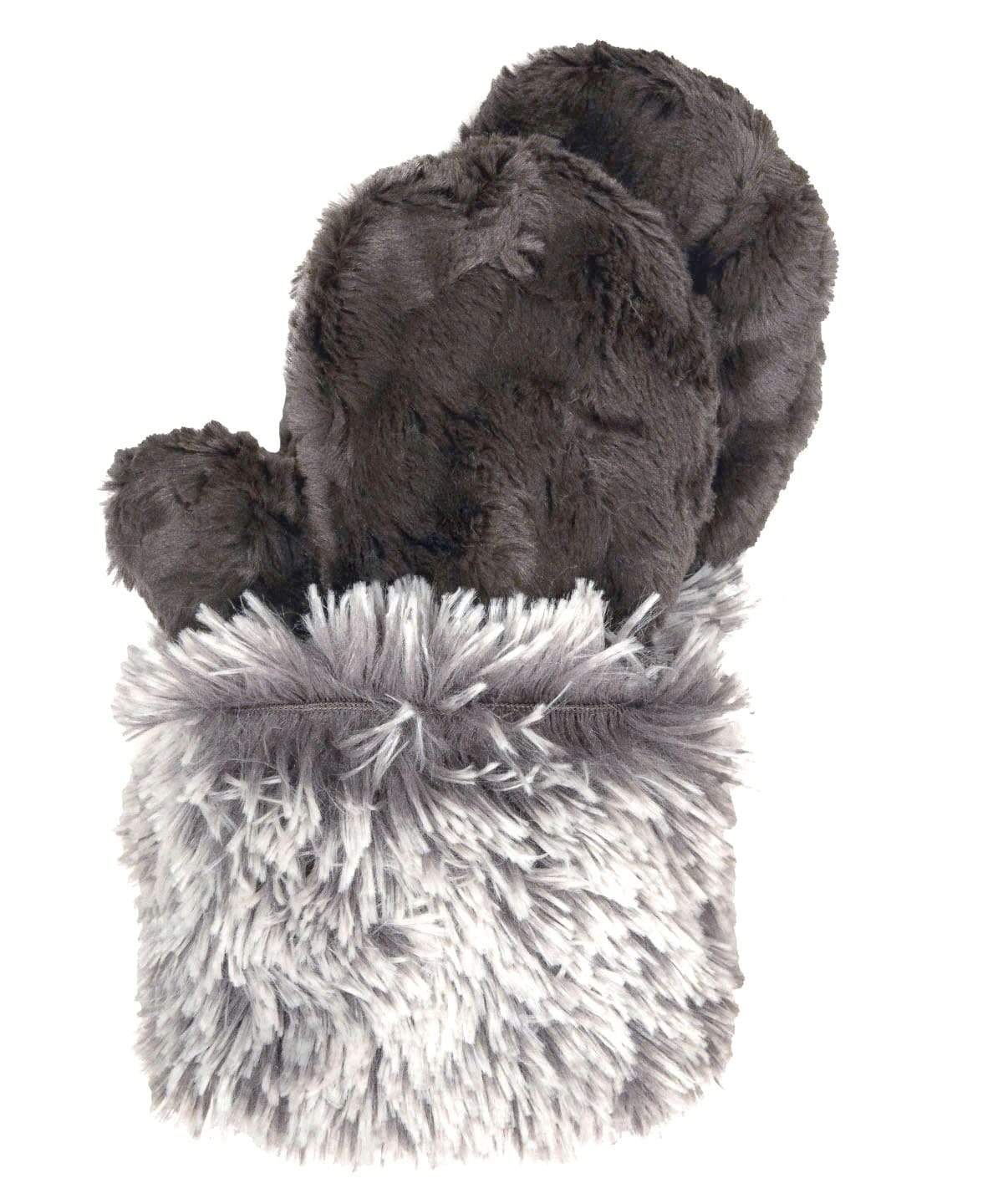 Women’s Product shot of Mittens. Gauntlets,  Mitts | Cuddly Gray with Pearl Fox Cuff in Faux Fur | Handmade by Pandemonium Millinery Seattle, WA USA