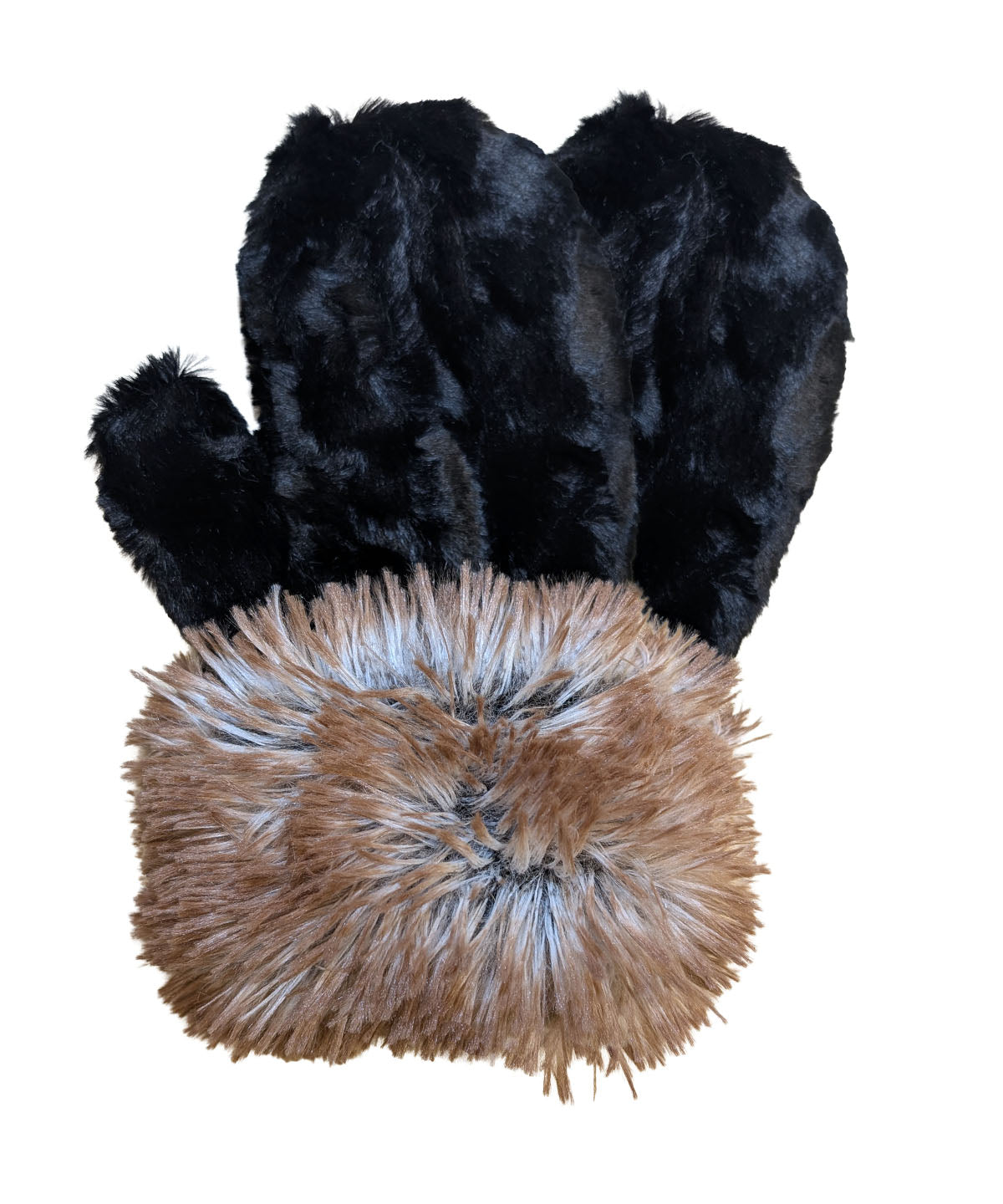 Women’s Product shot of Mittens. Gauntlets,  Mitts | Cuddly Black with Red Fox Cuff in Faux Fur | Handmade by Pandemonium Millinery Seattle, WA USA