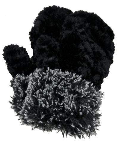 Women’s Product shot of Mittens. Gauntlets,  Mitts | Cuddly Black with Black Fox Cuff in Faux Fur | Handmade by Pandemonium Millinery Seattle, WA USA
