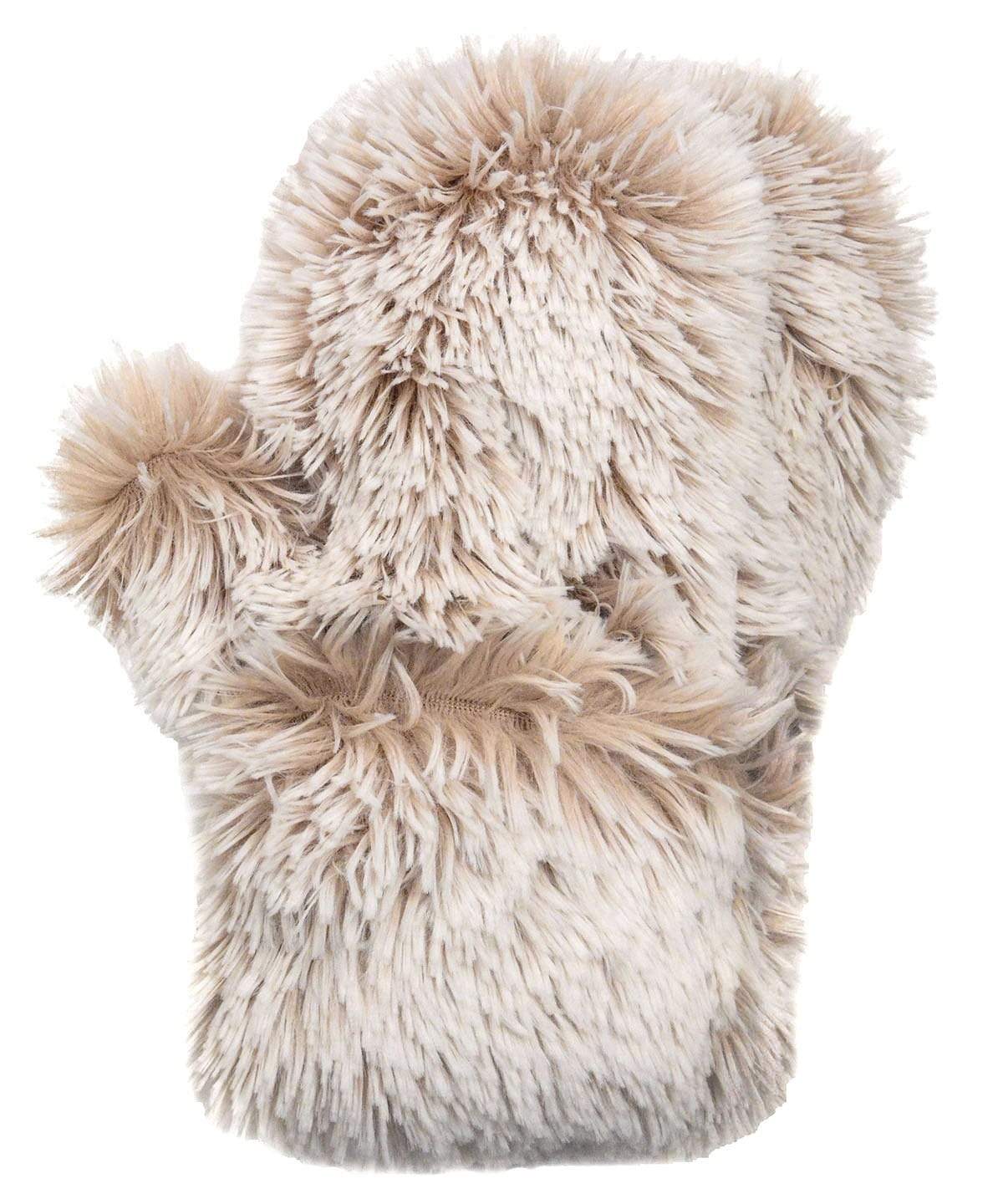 Women’s Product shot of Mittens. Gauntlets, Mitts | foxy beach, tan with white tips long hair Faux Fur | Handmade by Pandemonium Millinery Seattle, WA USA