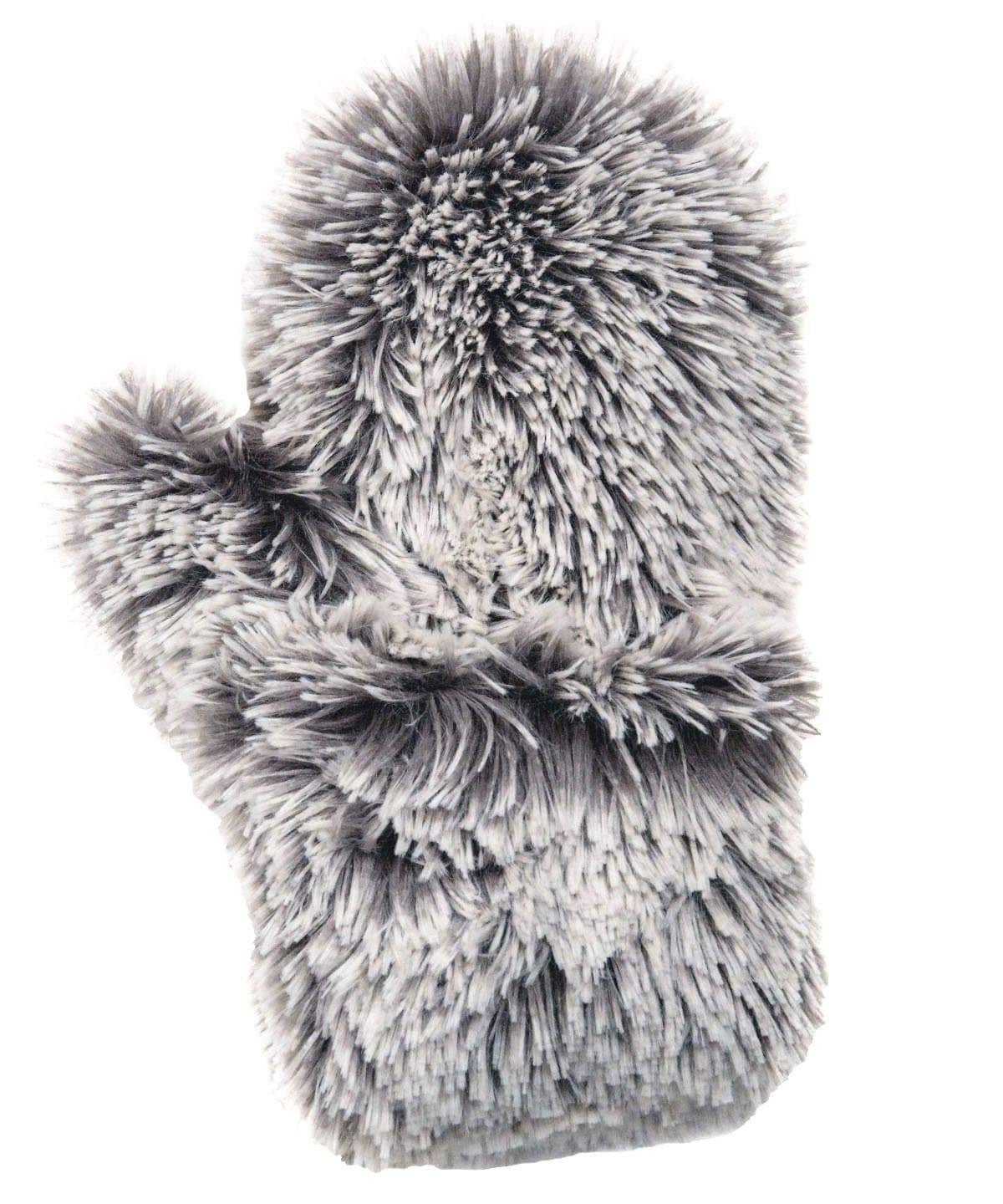 Women’s Product shot of Mittens. Gauntlets, Mitts |Pearl Fox, Gray with white tips long hair Faux Fur | Handmade by Pandemonium Millinery Seattle, WA USA