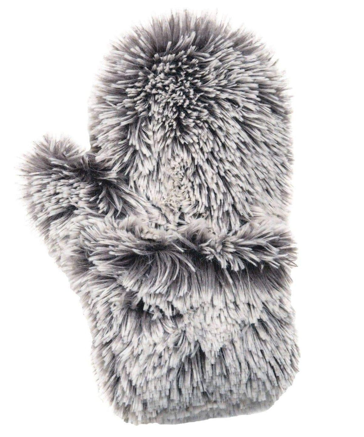 Women’s Product shot of Mittens. Gauntlets, Mitts |Pearl Fox, Gray with white tips long hair Faux Fur | Handmade by Pandemonium Millinery Seattle, WA USA