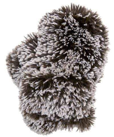 Women’s Product shot of Mittens. Gauntlets, Mitts | Silver tipped fox in brown, white tips long hair Faux Fur | Handmade by Pandemonium Millinery Seattle, WA USA