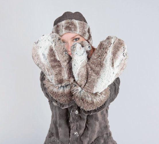 Model wearing matching Beanie Hat and Mittens. Gauntlets, mitts | Birch, cream and brown faux fur with Arctic fox cuff | Handmade by Pandemonium Millinery Seattle, WA USA