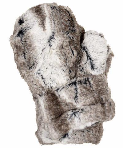 Women’s Product shot of Mittens. Gauntlets, Mitts | Birch, cream and brown faux fur| Handmade by Pandemonium Millinery Seattle, WA USA