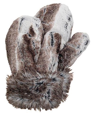 Women’s Product shot of Mittens. Gauntlets, Mitts | Birch, cream and brown faux fur with Arctic fox cuff | Handmade by Pandemonium Millinery Seattle, WA USA