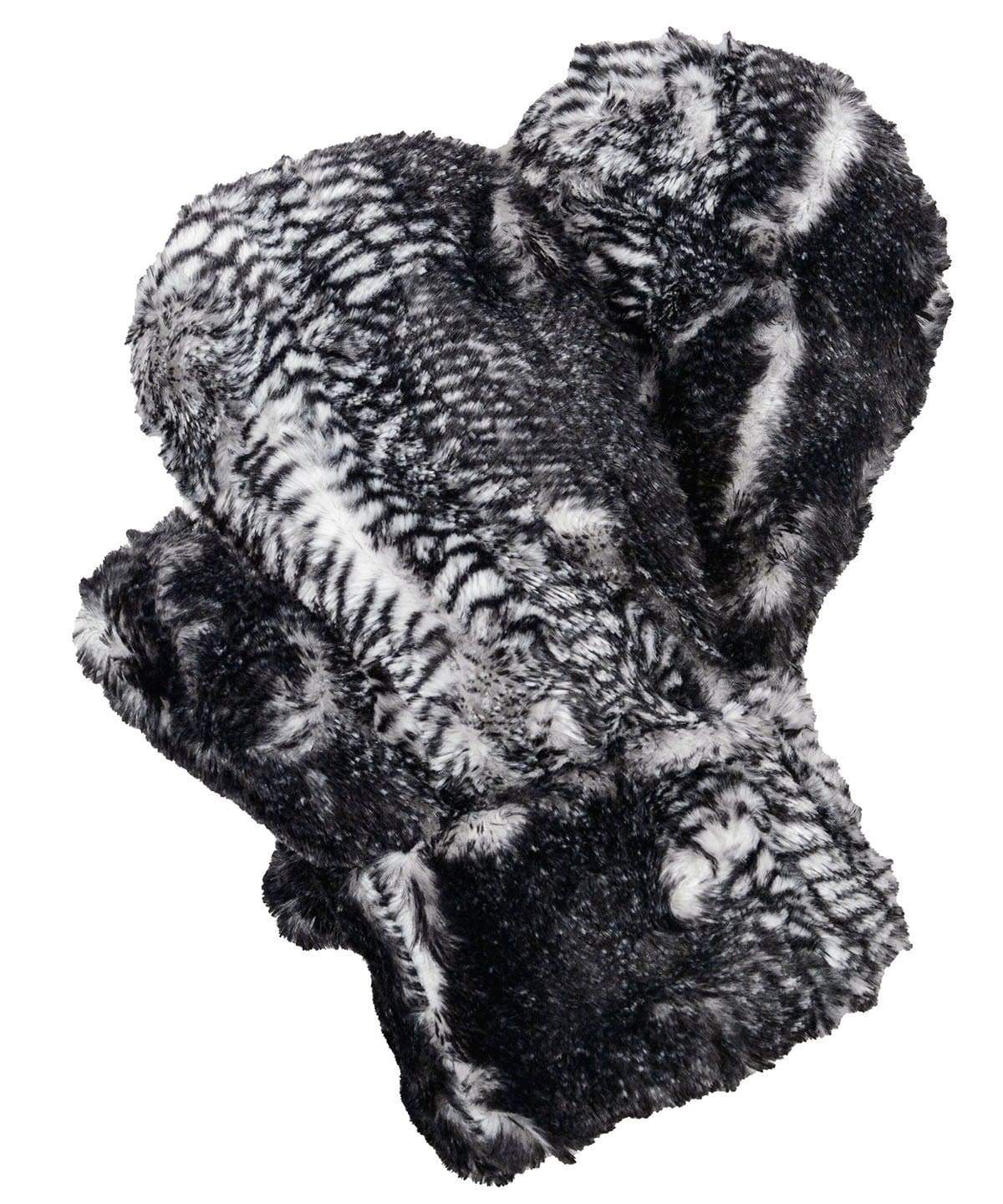 Women’s Product shot of Mittens. Gauntlets Mitts, | Black Mamba snake print in black and white Faux Fur | Handmade by Pandemonium Millinery Seattle, WA USA