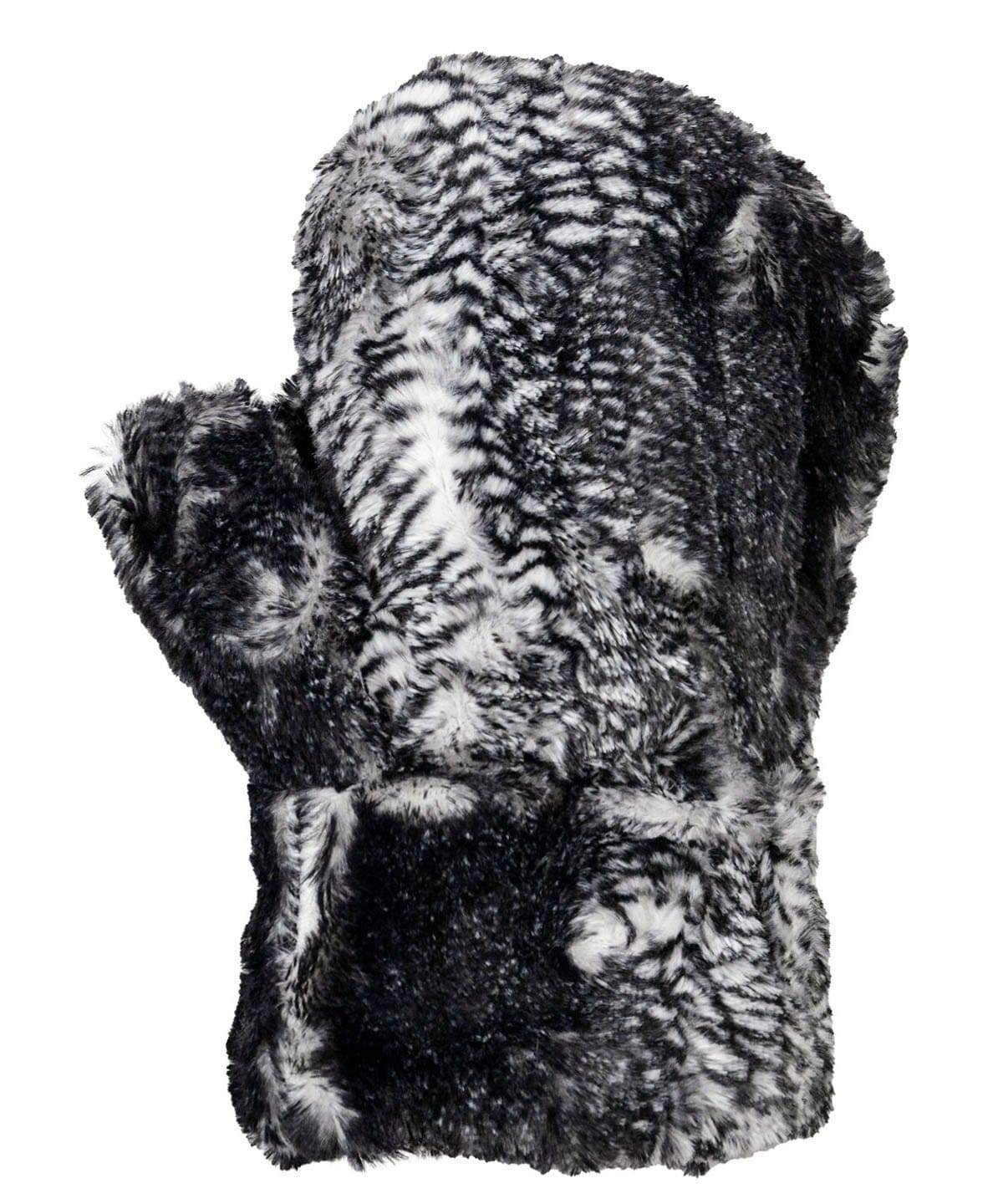 Women’s Product shot of Mittens. Gauntlets Mitts, | Black Mamba snake print in black and white Faux Fur | Handmade by Pandemonium Millinery Seattle, WA USA