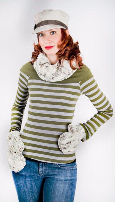 Women’s Product shot of Mittens. Gauntlets, Mitts | Khaki, Ivory and green/gray Faux Fur | Handmade by Pandemonium Millinery Seattle, WA USA