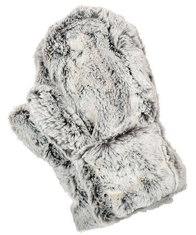 Women’s Product shot of Mittens. Gauntlets, Mitts | Khaki, Ivory and green/gray Faux Fur | Handmade by Pandemonium Millinery Seattle, WA USA