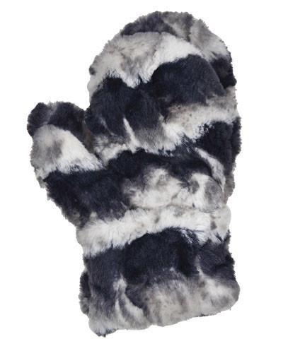 Women’s Product shot of Mittens. Gauntlets, Mitts | Ocean Mist, ivory, Navy, gray faux fur| Handmade by Pandemonium Millinery Seattle, WA USA
