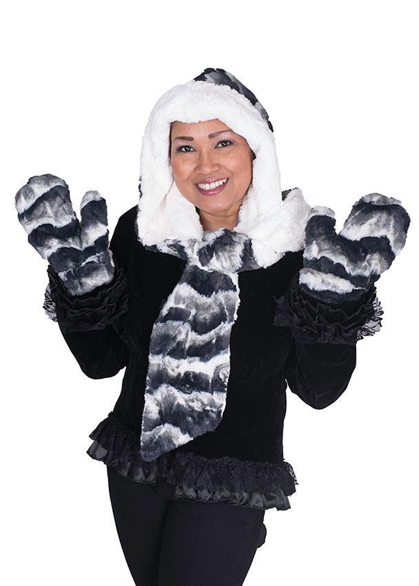 Model wearing matching Hoody Scarf and Mittens. Gauntlets, Mitts | Ocean Mist, ivory, Navy, gray faux fur| Handmade by Pandemonium Millinery Seattle, WA USA