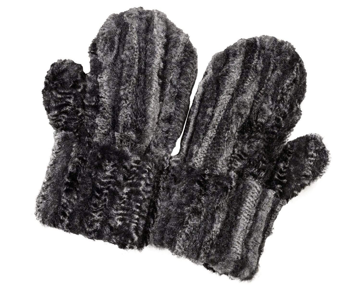 Full View of Women’s Product shot of Mittens. Gauntlets,  Mitts | Rattle ‘N’ Shake animal print in black, cream and gray Faux Fur | Handmade by Pandemonium Millinery Seattle, WA USA