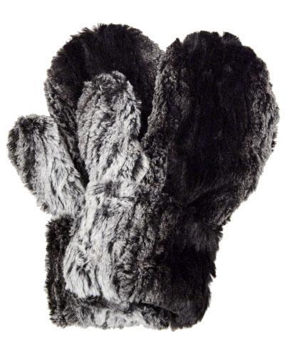 Women’s Product shot of Mittens. Gauntlets, Mitts | Smoldering Sequoia cream and black Faux Fur | Handmade by Pandemonium Millinery Seattle, WA USA