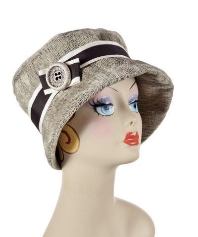 Product Shot of Molly Bucket Style Hat in Bongo in Beige Upholstery with a Cream and Chocolate Band featuring  Polyamide Button |  By Pandemonium Millinery | Seattle WA USA