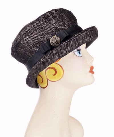 Molly Bucket Style Hat in Bongo in Black Beige Upholstery with a Black Grosgrain Band and Bow featuring Metal Copper Hexagon Button | By Pandemonium Millinery | Seattle WA USA