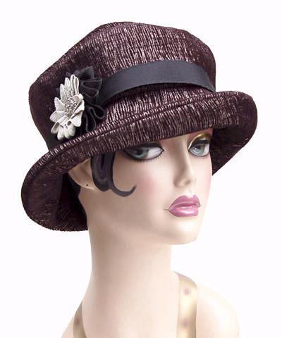Molly Bucket Style Hat in Bongo in Black Beige Upholstery with a Black Grosgrain Band  featuring Chocolate and Cream Grosgrain Flowers| By Pandemonium Millinery | Seattle WA USA