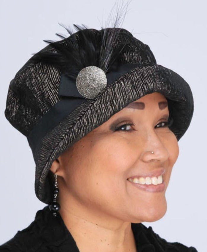 Molly Bucket Style Hat in Bongo in Black Beige  Upholstery with a Black Band featuring Black Feathers and Silver Metal Button | By Pandemonium Millinery | Seattle WA USA