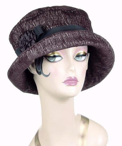 Molly Bucket Style Hat in Bongo in Black Beige  Upholstery with a Black Band featuring Black Feathers and Silver Metal Button | By Pandemonium Millinery | Seattle WA USA