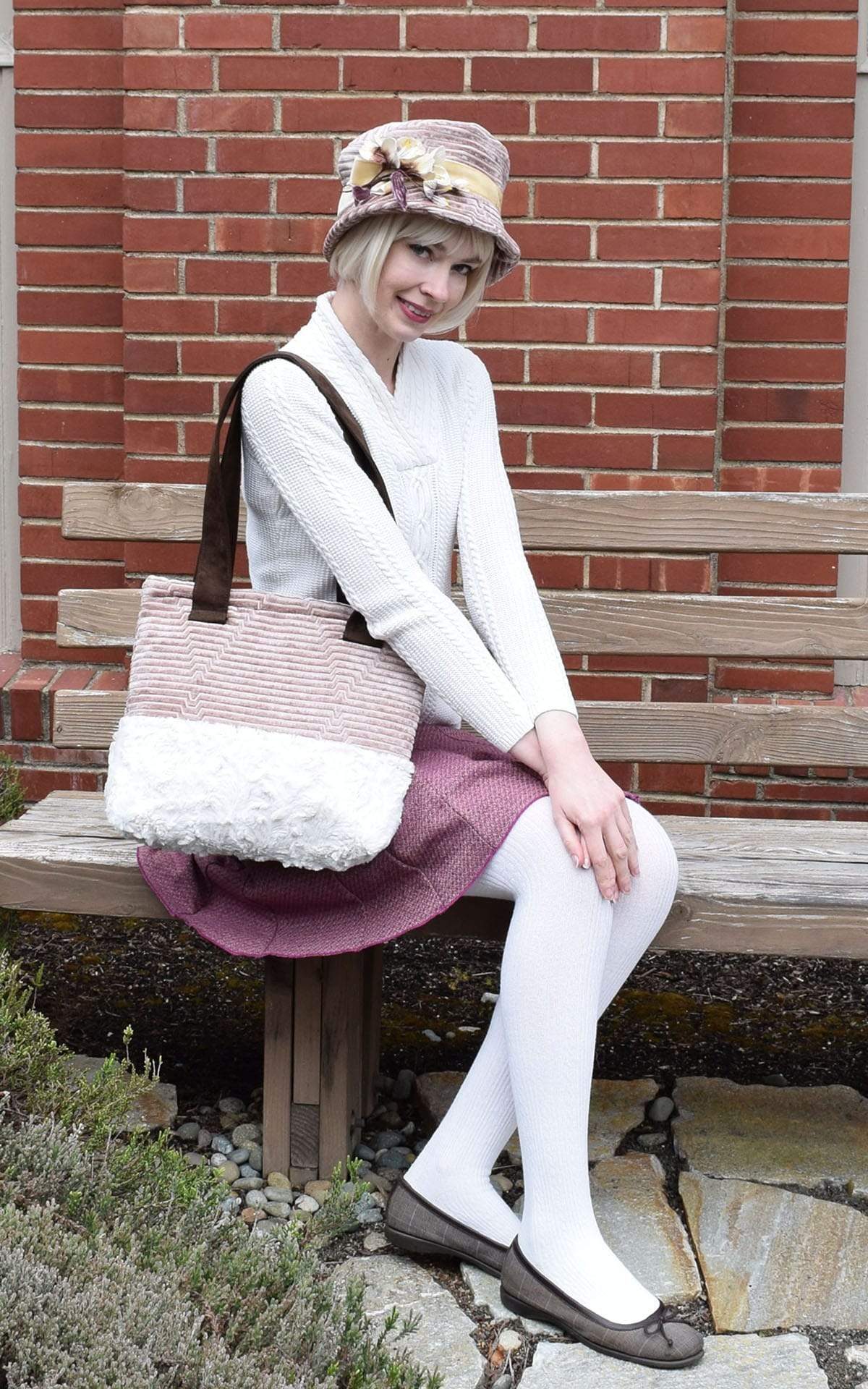 Full Shot of Women wearing Molly Hat Chenille in Cherry Blossom with Cream Velvet Flower Brooch | Also Featuring matching Tokyo Tote in Chenille in Cherry Blossom | Handmade By Pandemonium Millinery | Seattle WA USA