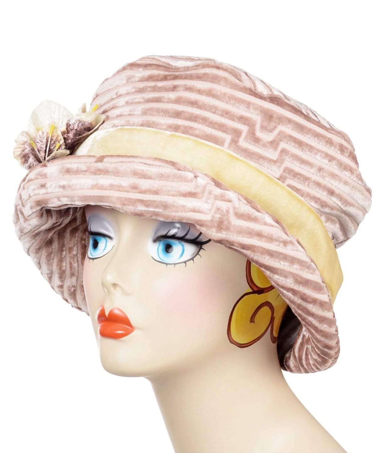 Sideview of Molly Hat Chenille in Cherry Blossom with Cream Velvet Flower Brooch  and Midori Velvet in Cream Band| Brimmed Flipped Up in Front | Handmade By Pandemonium Millinery | Seattle WA USA