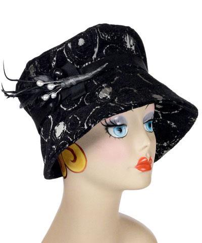 Molly Bucket Style in Crop Circles Upholstery Fabric  with Feather Black featuring Black and Silver Berries  Brooch | Handmade By Pandemonium Millinery | Seattle WA USA