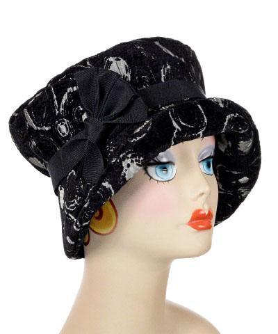 Molly Bucket Style in Crop Circles Upholstery Fabric  with Feather Black featuring Black and Silver Berries  Brooch | Handmade By Pandemonium Millinery | Seattle WA USA