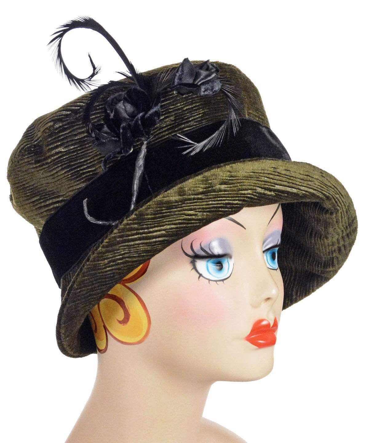 Product Shot Molly Bucket Style Hat Cohen in Olive Upholstery with Velvet Band featuring Black Velvet Flower Brooch |  Brim Flipped up in Front |Handmade By Pandemonium Millinery | Seattle WA