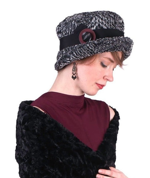 Model wearing Molly Bucket Style Hat in Cozy Cable in Ash Faux Fur with Black Grosgrain with Double Stack Red and Black Buttons | By Pandemonium Millinery | Seattle WA USA  