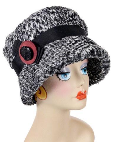 Model wearing Molly Bucket Style Hat in Cozy Cable in Ash Faux Fur with Black Grosgrain with Double Stack Red and Black Buttons | By Pandemonium Millinery | Seattle WA USA  