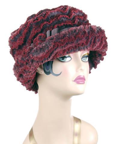 Product Shot of Molly Hat in Desert Sand in Crimson Faux Fur  with black Grosgrain Band and Matching Button | By Pandemonium  Millinery | Seattle WA USA