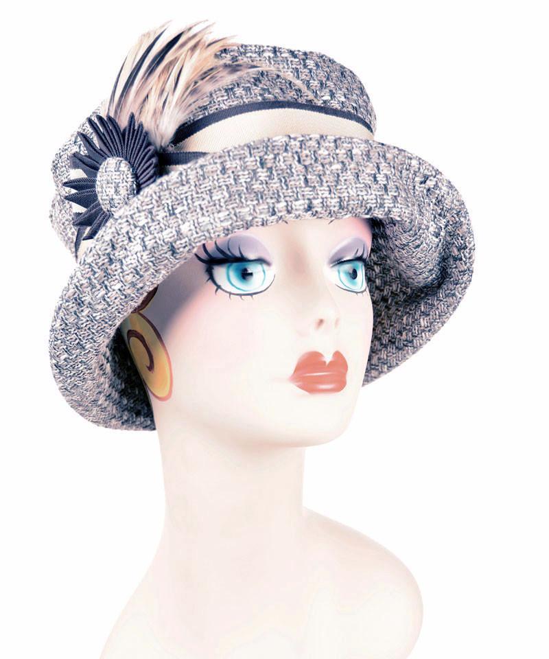 Molly Bucket Style Hat in Frozen Tundra with Chocolate Grosgrain Pinwheel Brooch with  featuring a matching Frozen Tundra Button | Handmade By Pandemonium Millinery in Seattle WA USA