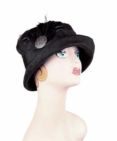 Molly Bucket Style Hat in Linen in Black with feather trim and Black metal button by Pandemonium Millinery. Handmade in Seattle WA USA.