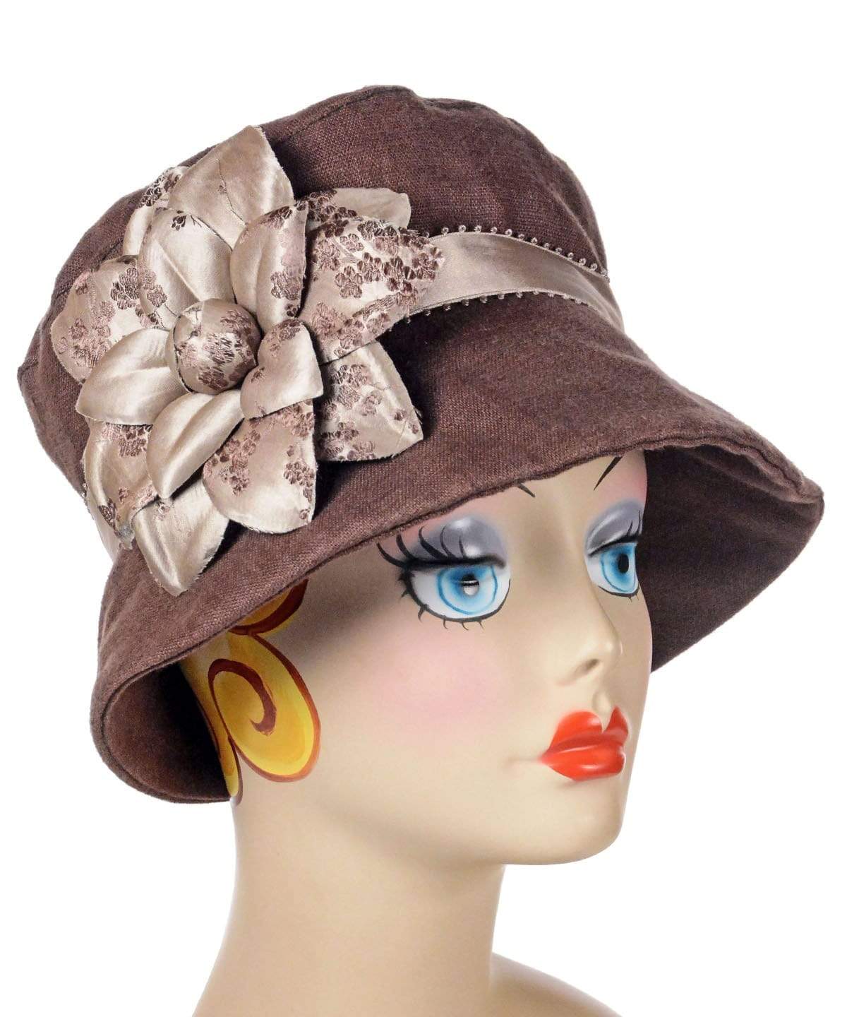 Molly Bucket Style Hat in Chocolate Linen with Champagne Pico Satin Band and  Custom  Large Kimono Flower | Handmade By Pandemonium Millinery in Seattle WA