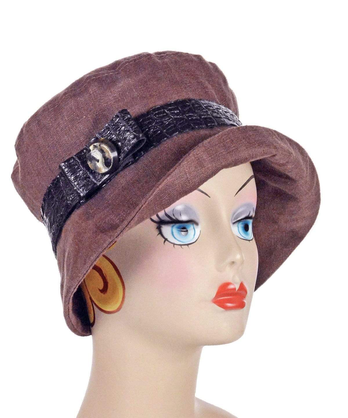 Molly Bucket Style Hat Chocolate Linen with Faux Croc Band and Bow featuring Gray, Black Lucite Button | Handmade By Pandemonium Millinery  | Seattle WA USA